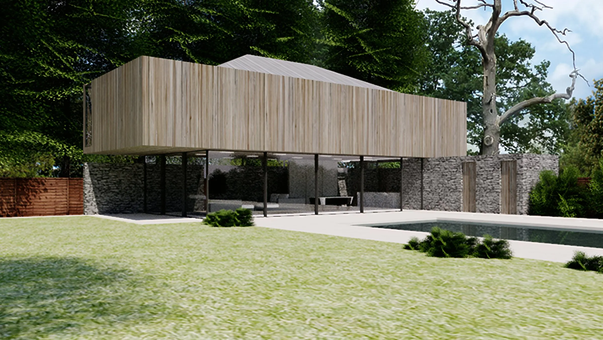 Visualisation of the timber-clad first floor above a glazed ground floor