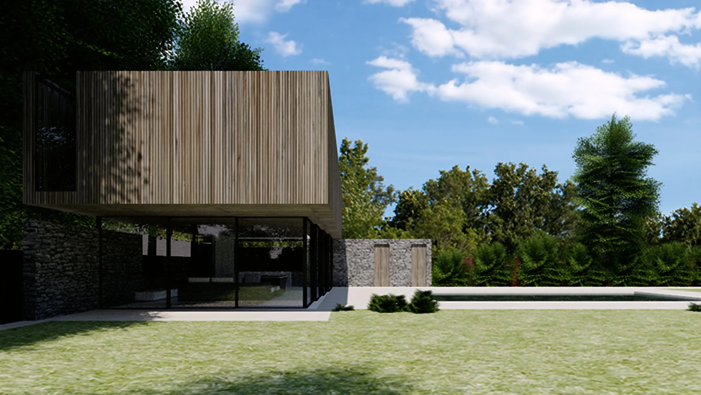Corner view of the proposed timber-clad volume