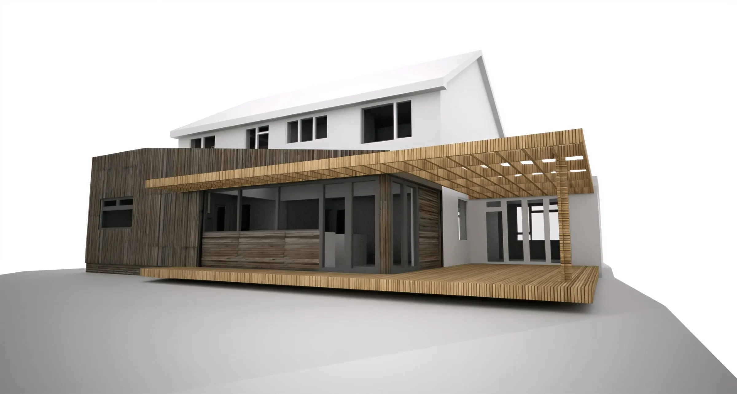 Perspective of the proposed extension and timber pergola
