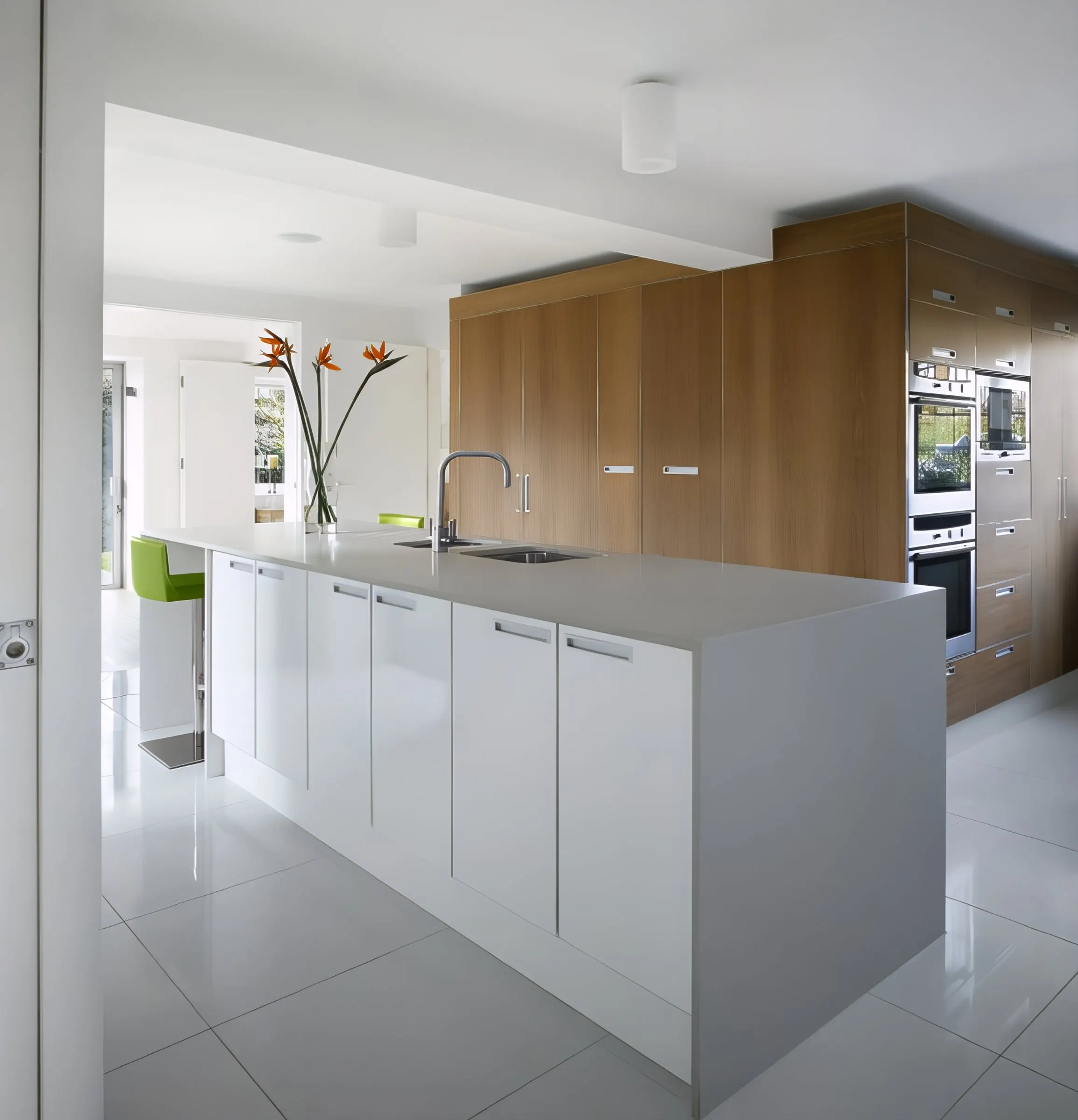 Kitchen with white island and walnut units