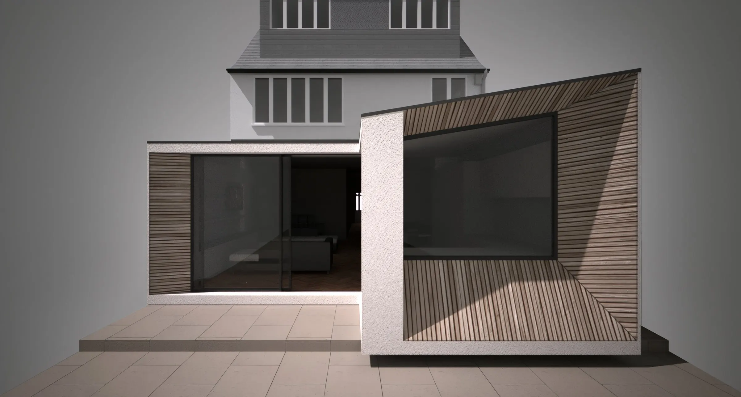 Computer visualisation of the Lyndale rear extension with its timber-clad angular window bay