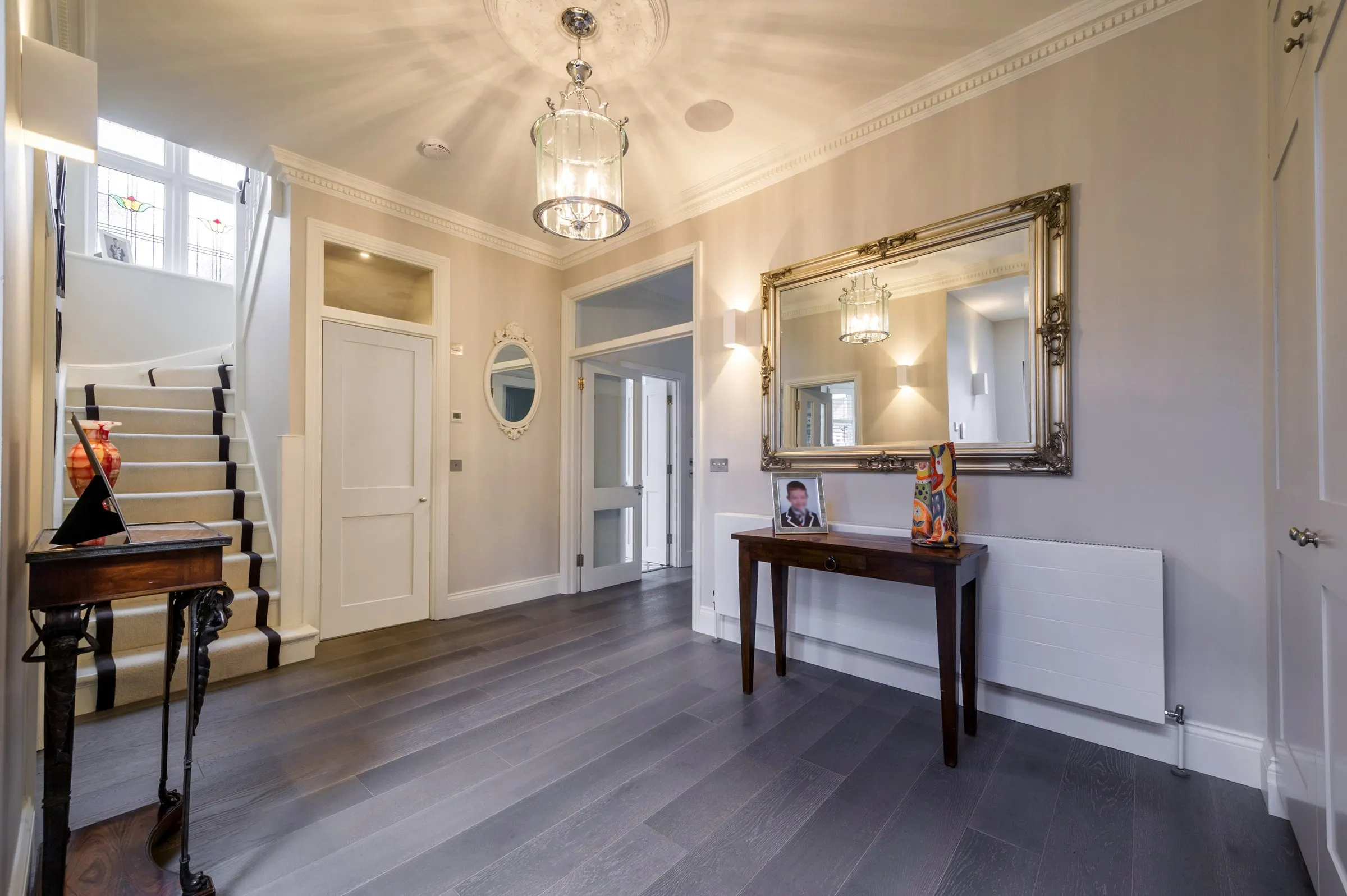 Entrance hall and staircase with grey oak flooring