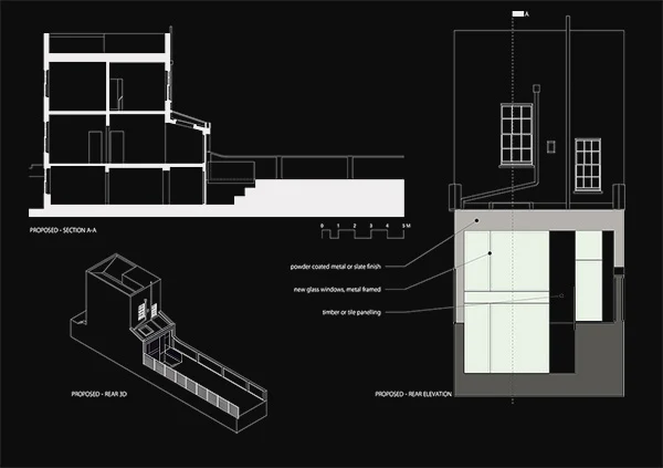 Milton section, rear elevation and axonometric drawings