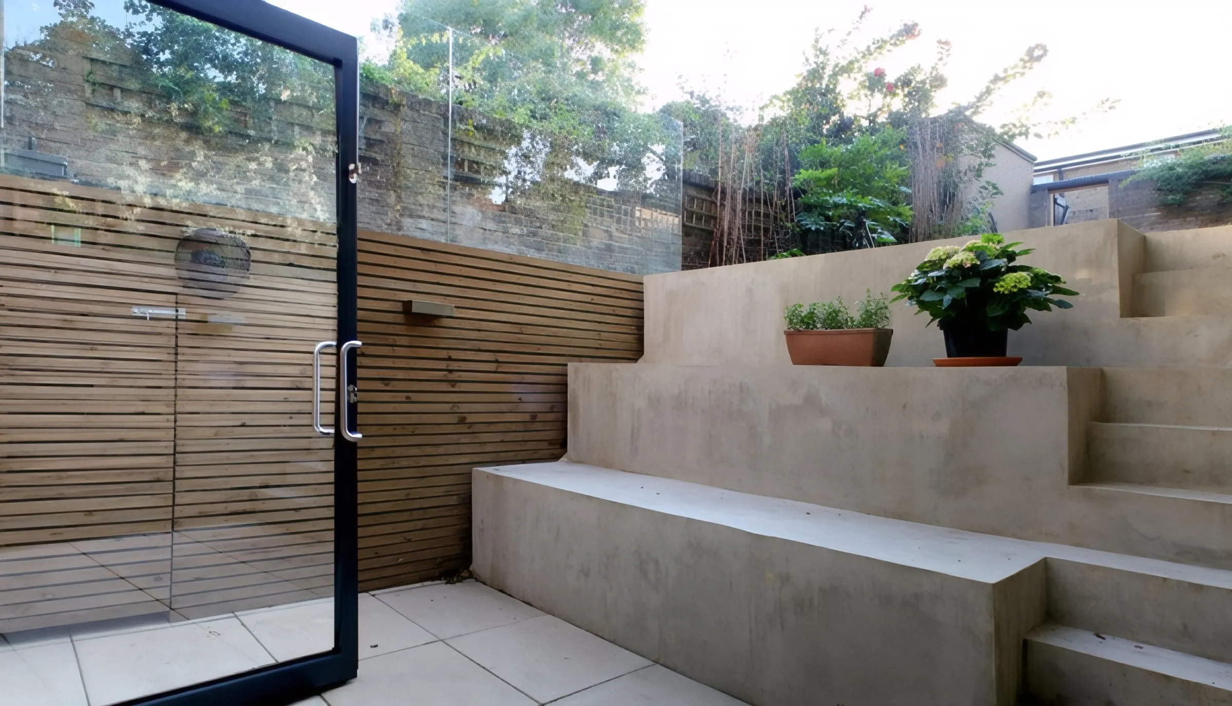 Built-in concrete bench and planters in the rear courtyard