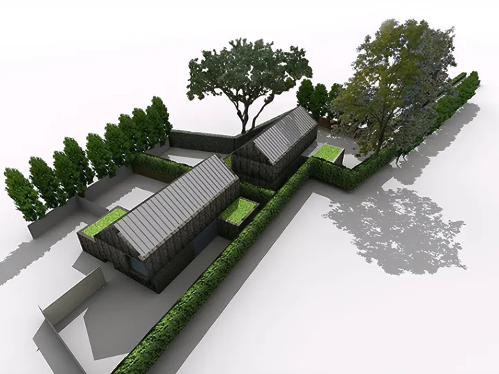 Aerial visualisation of the two proposed low-carbon houses