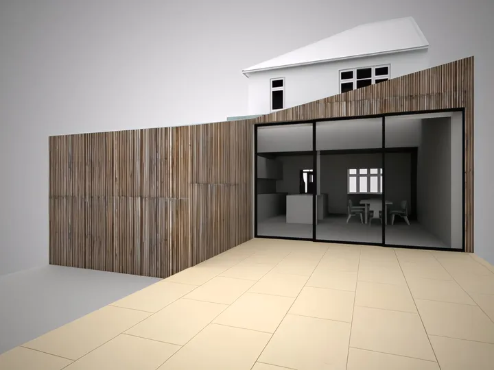 Visualisation of the Park Terrace extension with timber-clad wall and glazed doors