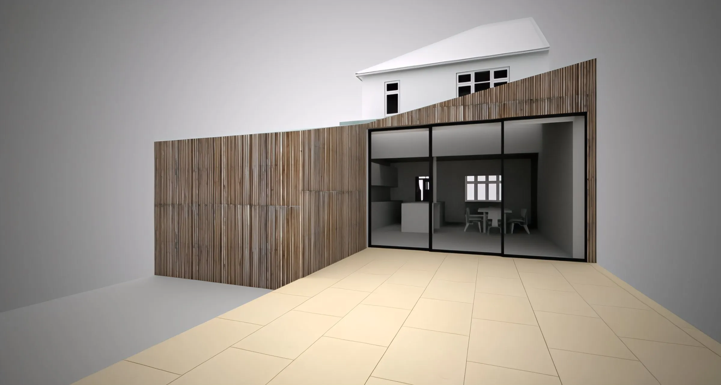 Visualisation of the Park Terrace extension with timber-clad wall and glazed doors