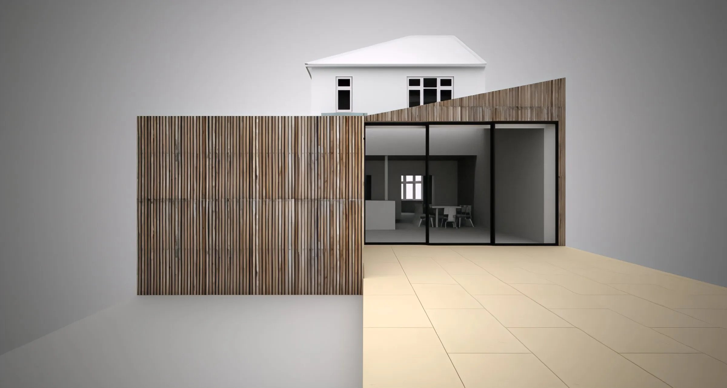 Timber-clad garden wall and open-plan kitchen in the proposed design