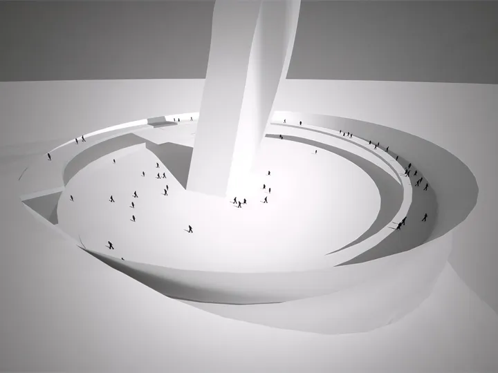 Spiral ramp coiling down around the base of the tower