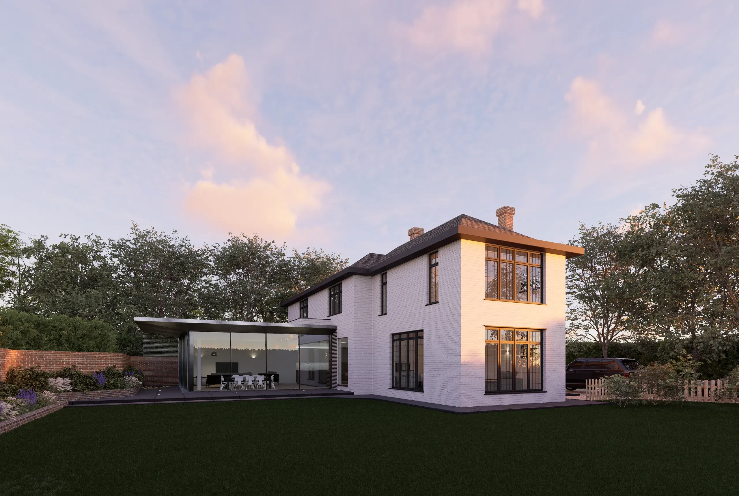 Visualisation of the glazed single-storey rear extension to a white detached house at sunset