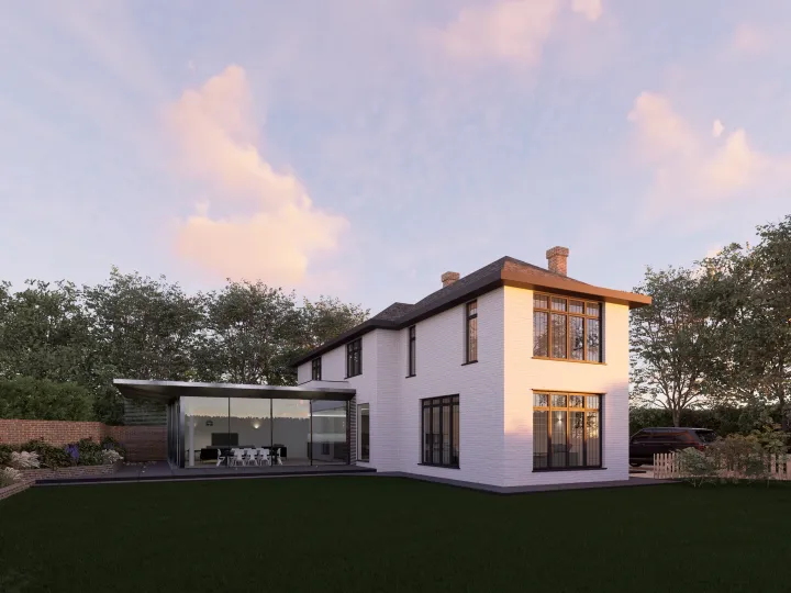Visualisation of the glazed single-storey rear extension to a white detached house at sunset