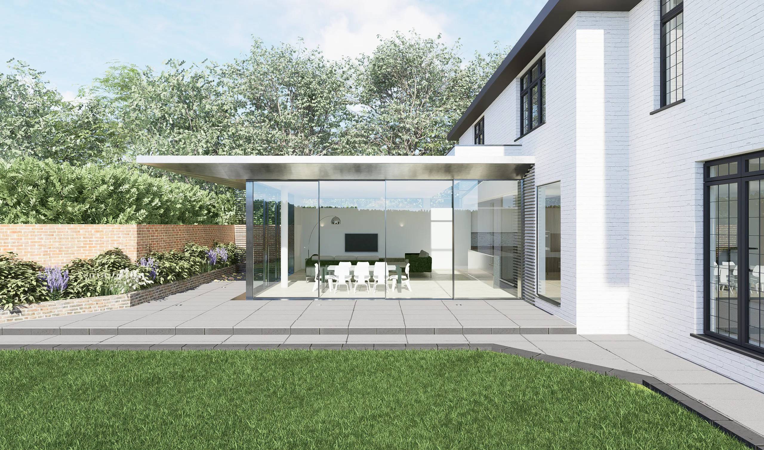 Frameless glass garden room with a slim overhanging roof, set beside a landscaped lawn
