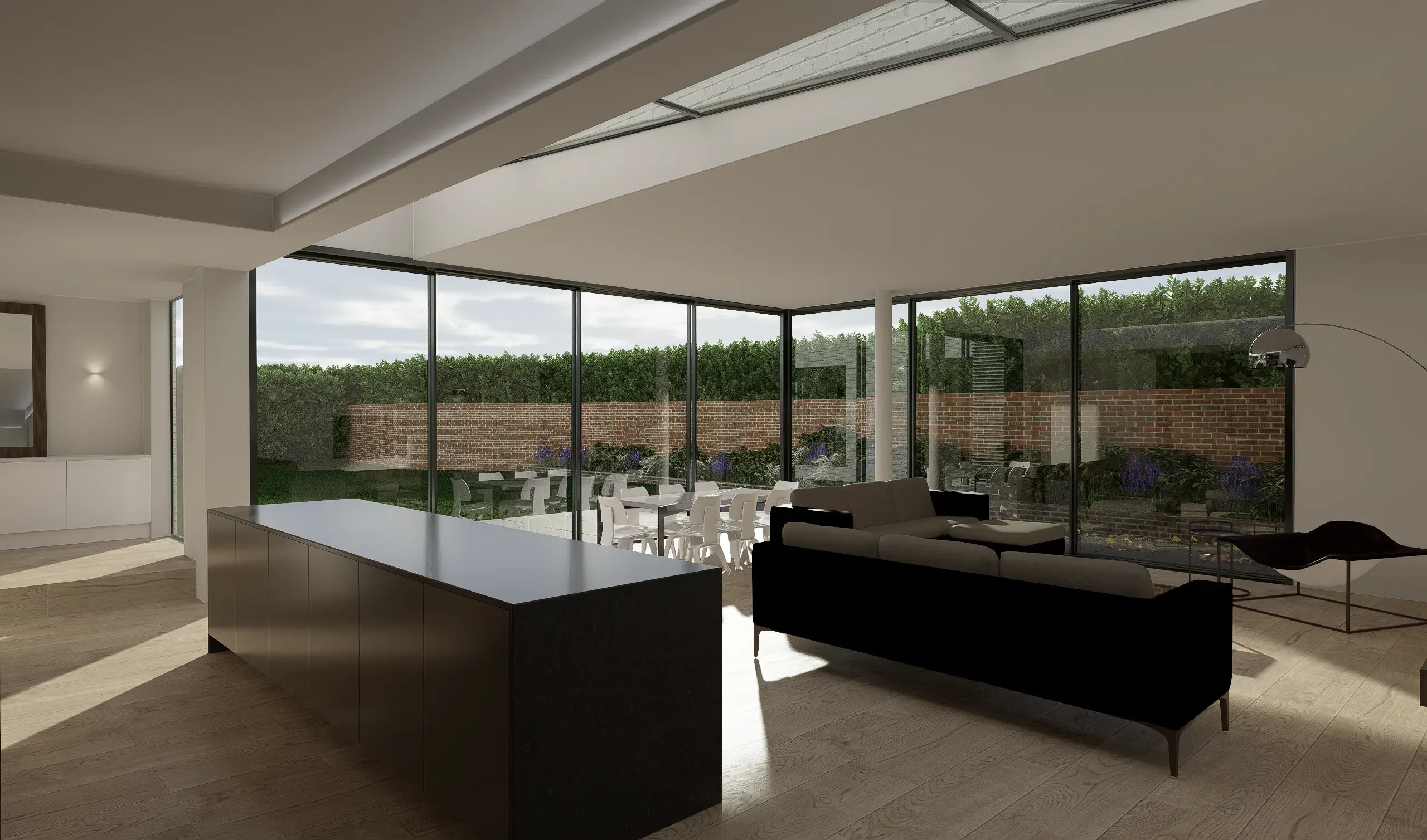 Open-plan kitchen and living space inside the extension, looking out to the garden