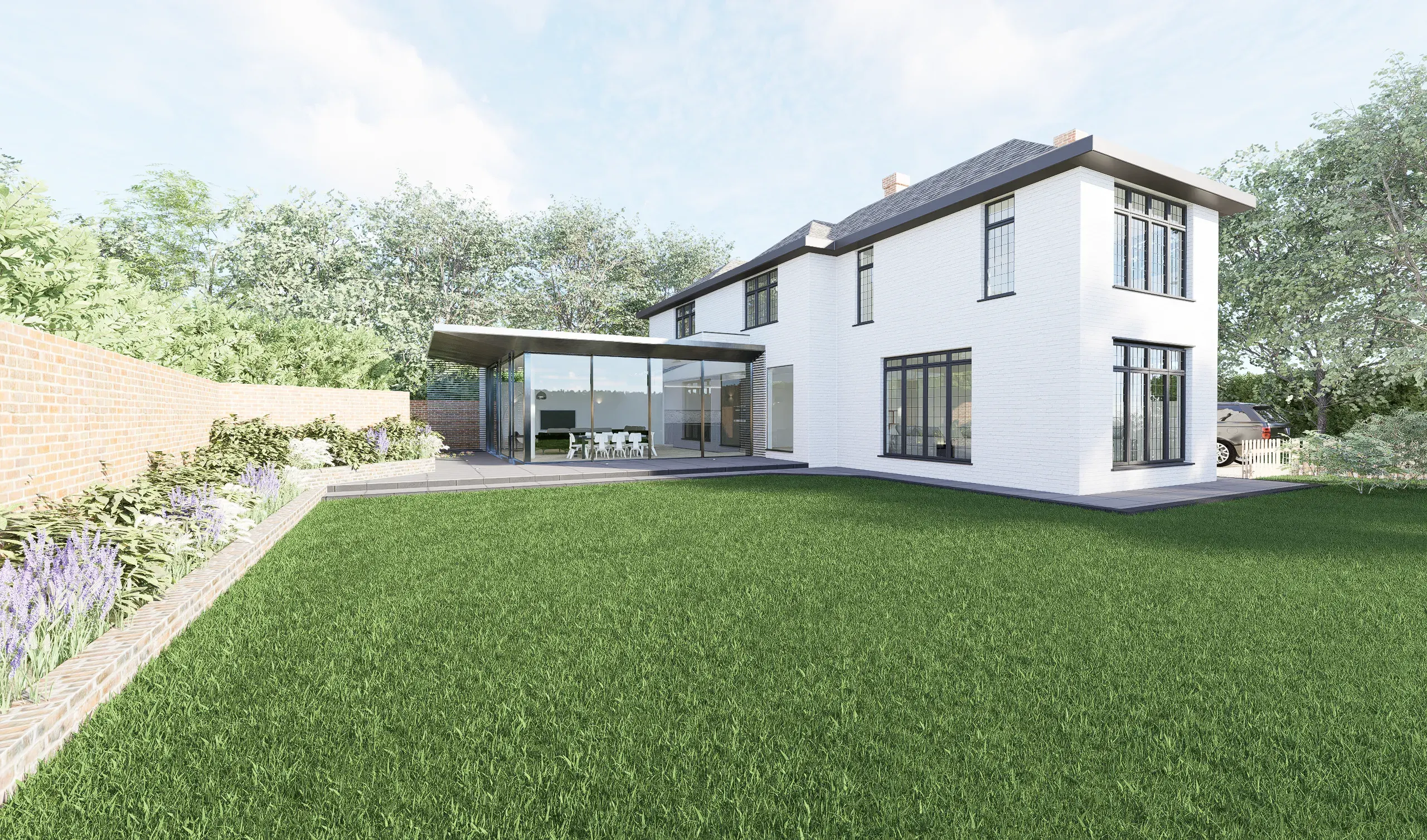 Rear of the house and new extension across the lawn