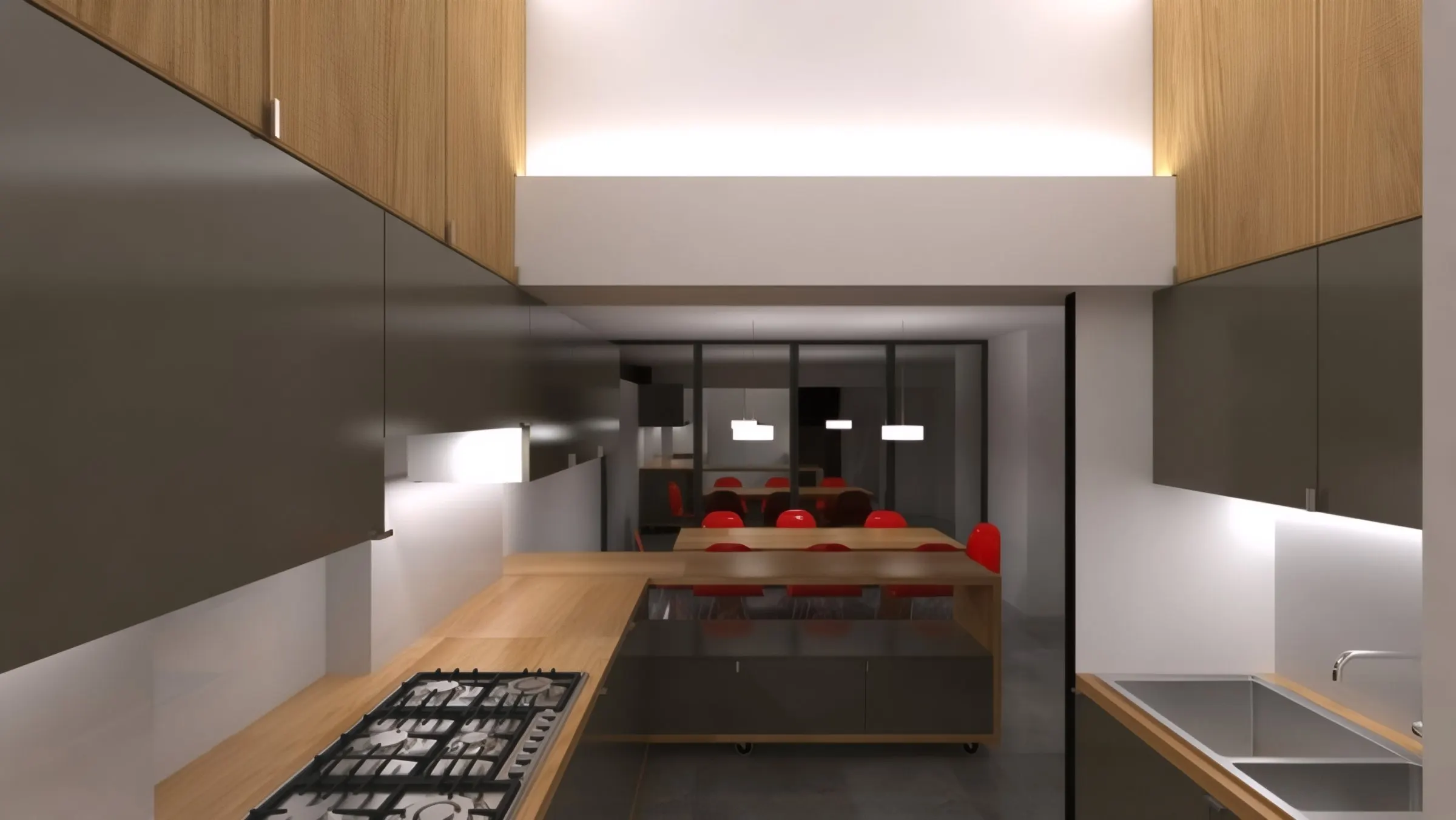 Galley kitchen with timber worktops and concealed lighting