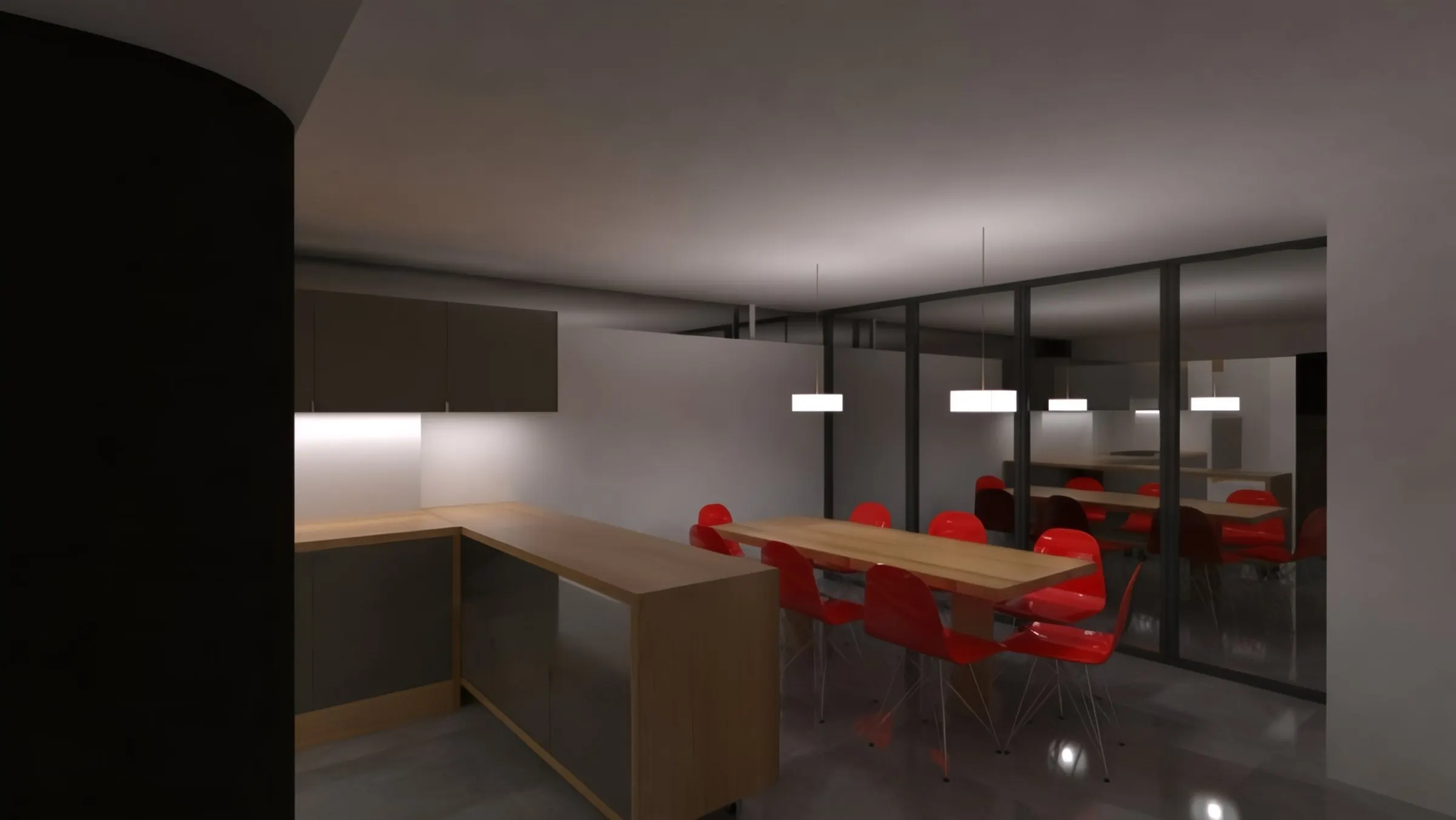 Dining space with red chairs and glazed side wall
