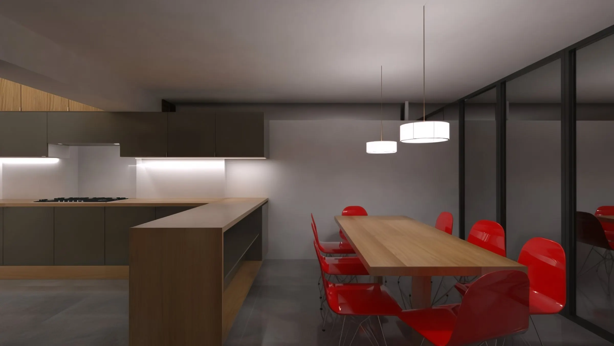 Kitchen island and dining table in the extension